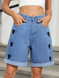 Heart-Pattern Rolled Hem Denim Shorts - felvior