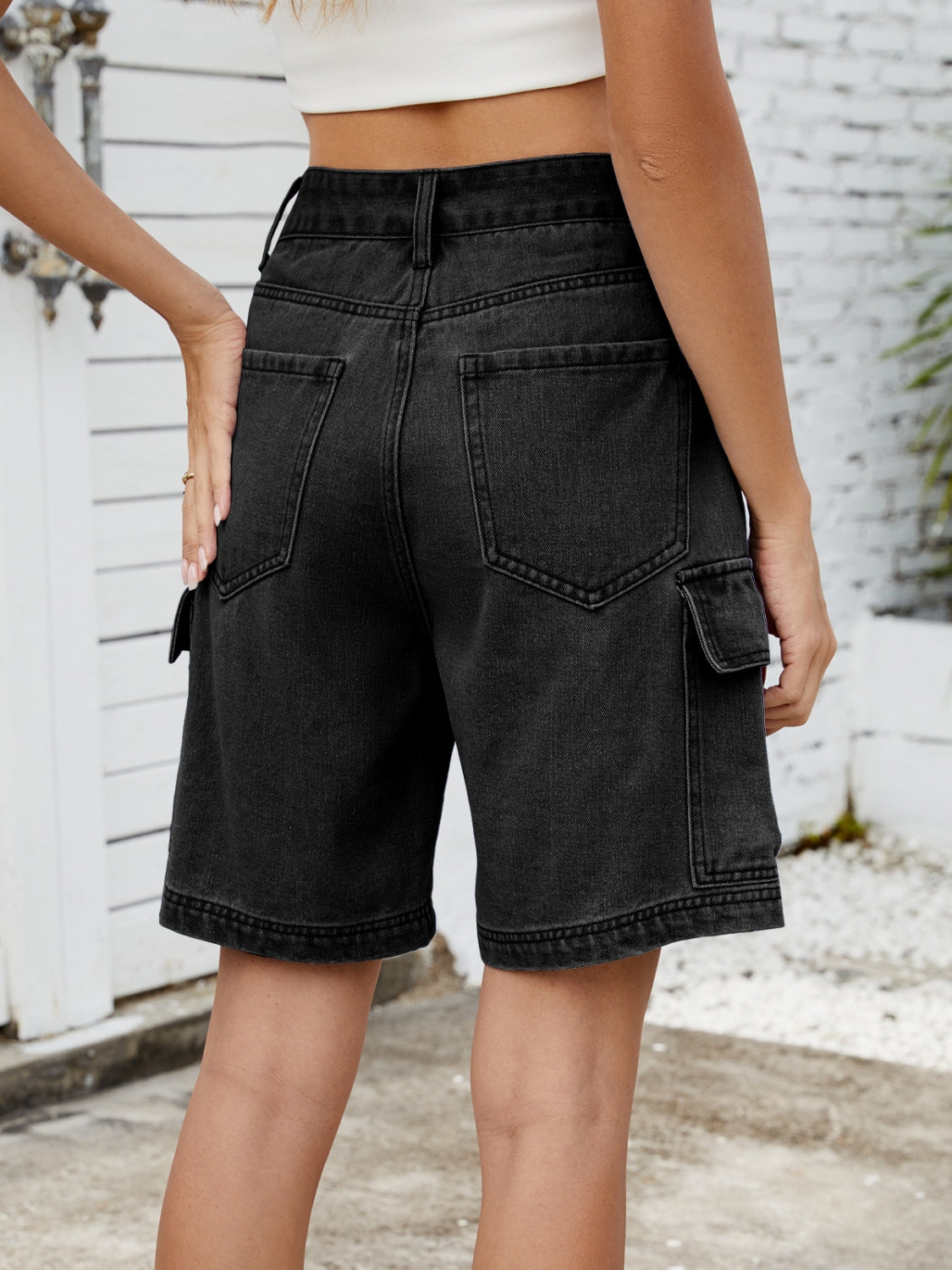 High Waist Denim Shorts with Cargo Pockets - felvior