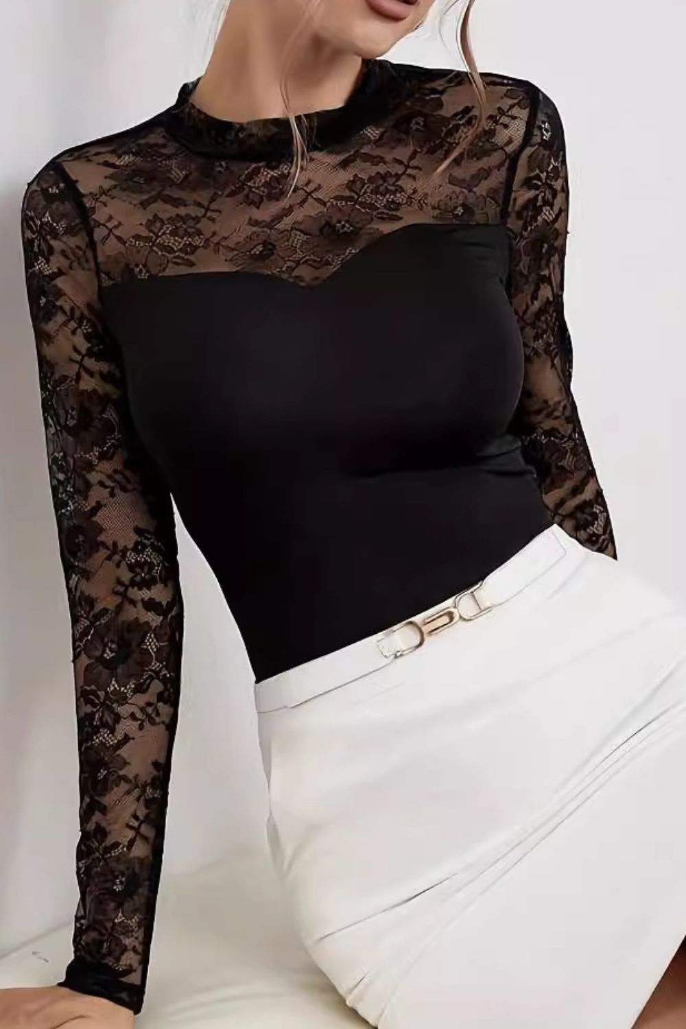Lace Patchwork Mock Neck Long Sleeve Blouse Hauptbild