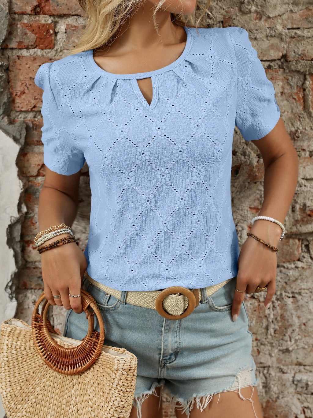 Eyelet Round Neck Short Sleeve Top
