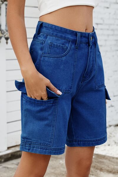 High Rise Denim Shorts with Cargo Pockets - felvior