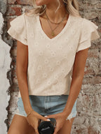 Eyelet V-Neck Ruffled Cap Sleeve Top
