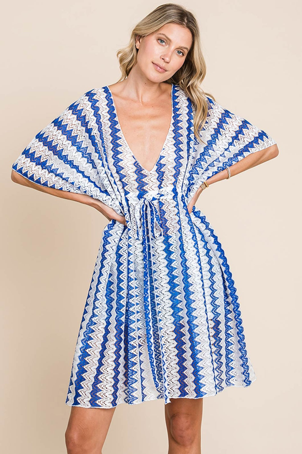 Cotton Bleu by Nu Lab Tied Striped Plunge Half Sleeve Cover-Up - felvior