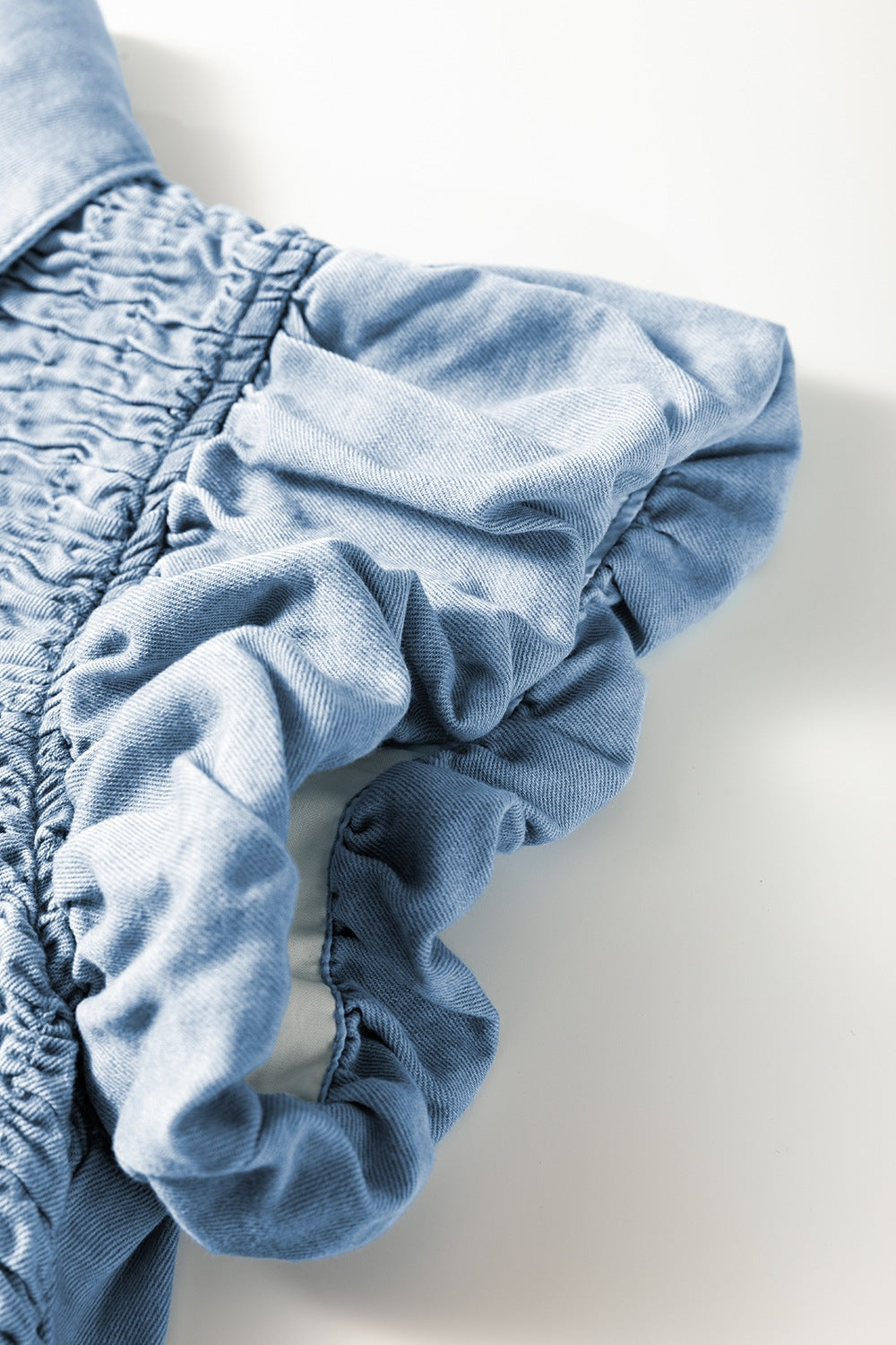 Smocked Collared Neck Cap Sleeve Denim Dress - felvior