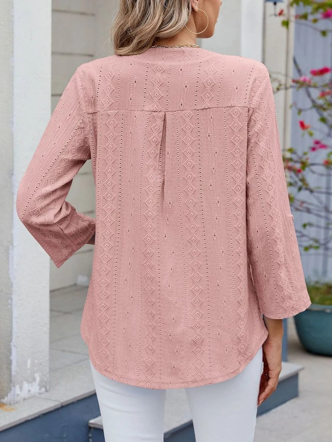 Eyelet Notched Roll-Tab Sleeve Top
