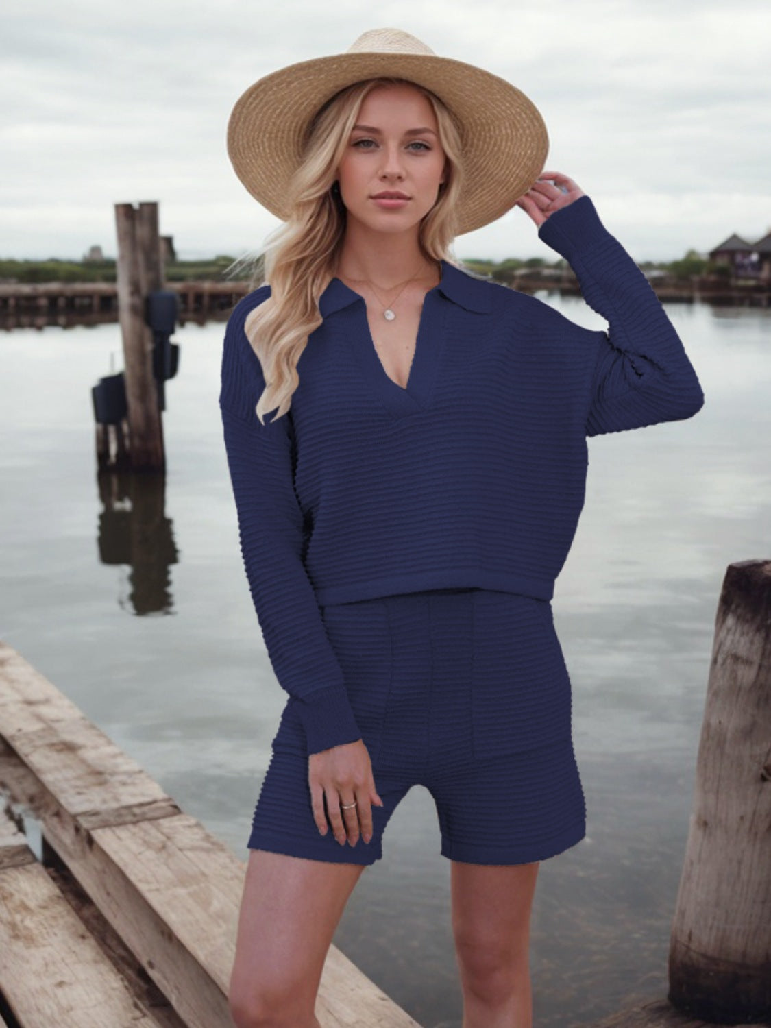 Johnny Collar Long Sleeve Top and Shorts Sweater Set - felvior