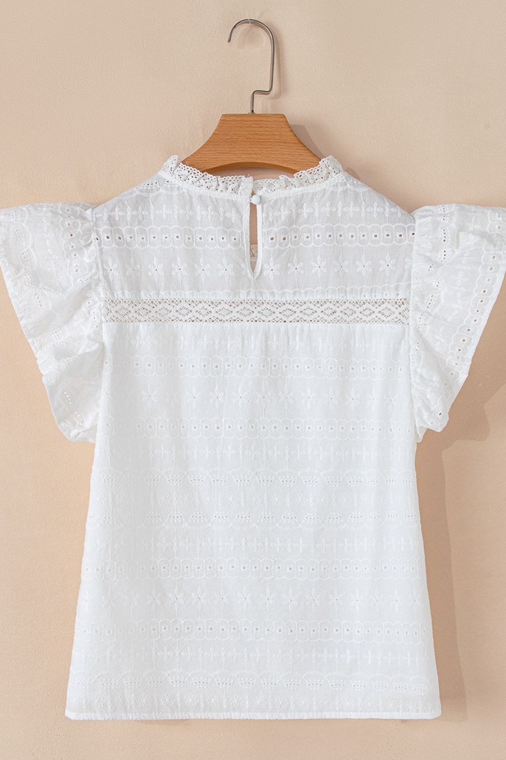 Lace Round Neck Flutter Sleeve Eyelet Blouse - felvior