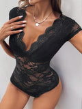 Perfee Lace V-Neck Cap Sleeve Bodysuit - felvior
