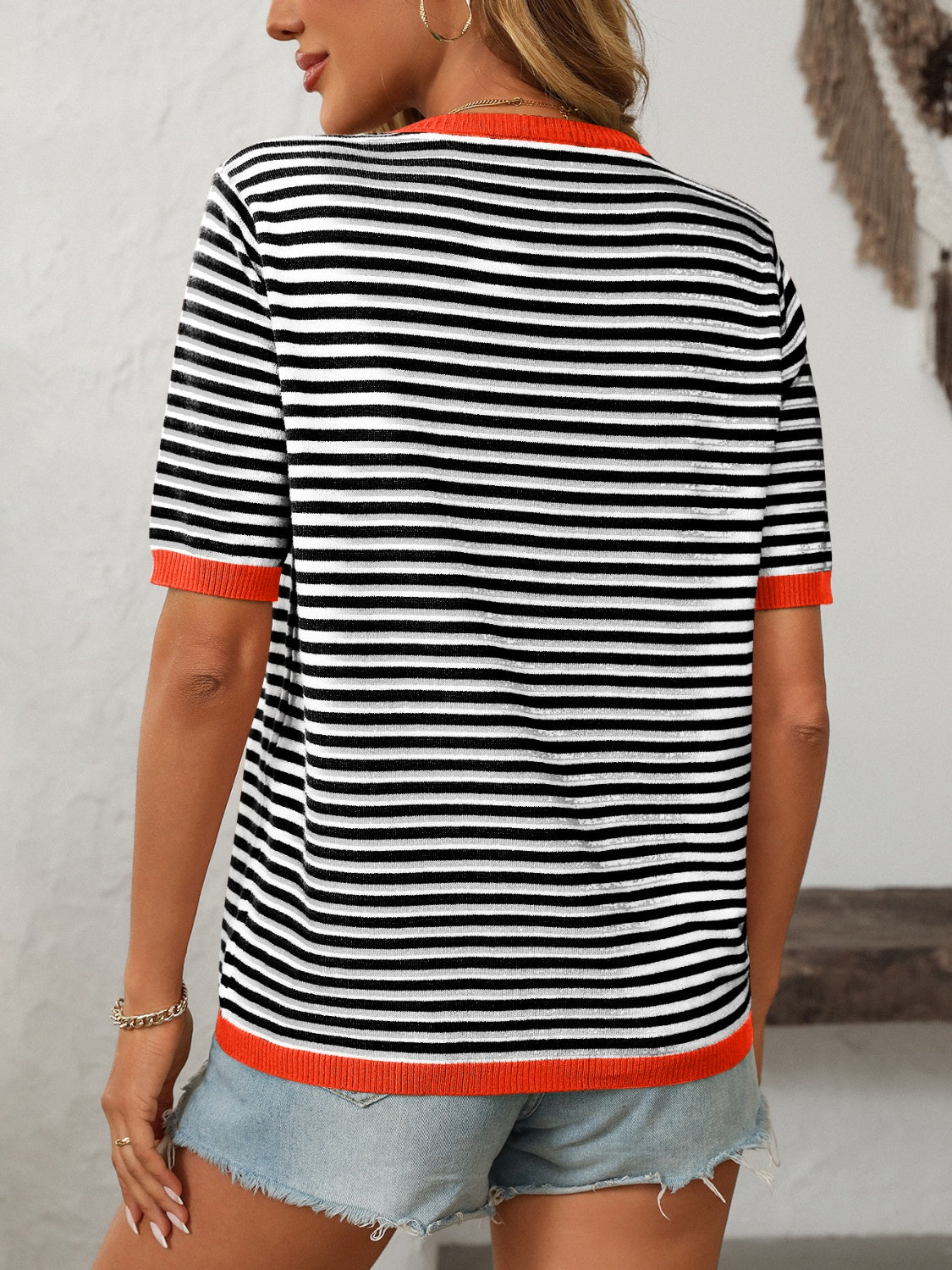 Mandy Striped Round Neck Half Sleeve Knit Top - felvior