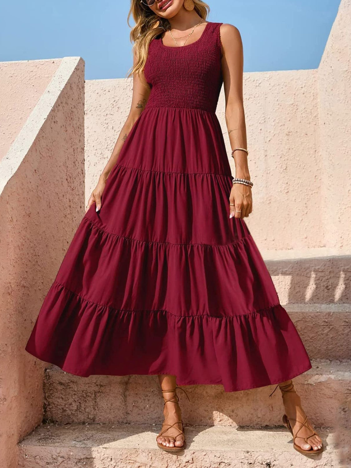 Tiered Smocked Wide Strap Dress - felvior