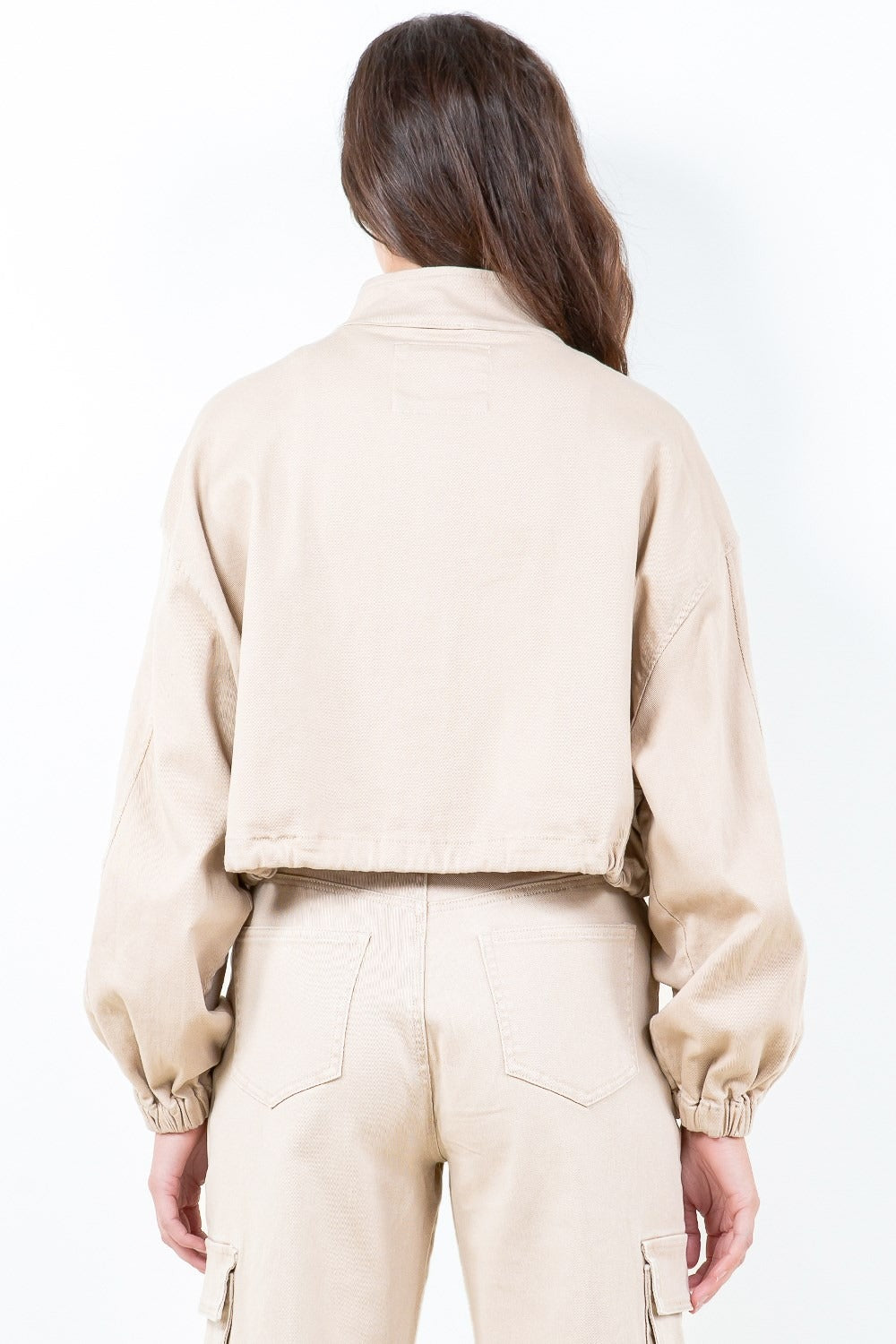 American Bazi Full Size Drawstring Hem Cargo Pocket Cropped Worker Jacket Plus Size - felvior