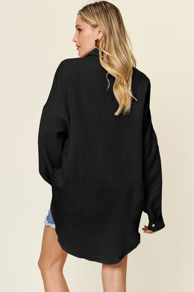 Double Take Full Size Pocketed Texture Button Up Shirt - felvior