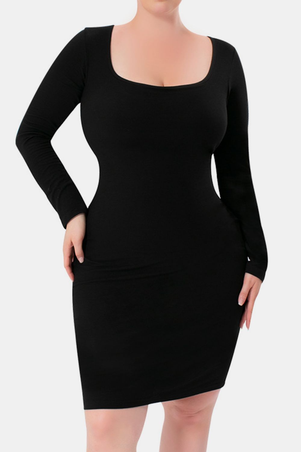 Basic Bae Full Size Built-In Shapewear Square Neck Long Sleeve Dress - felvior