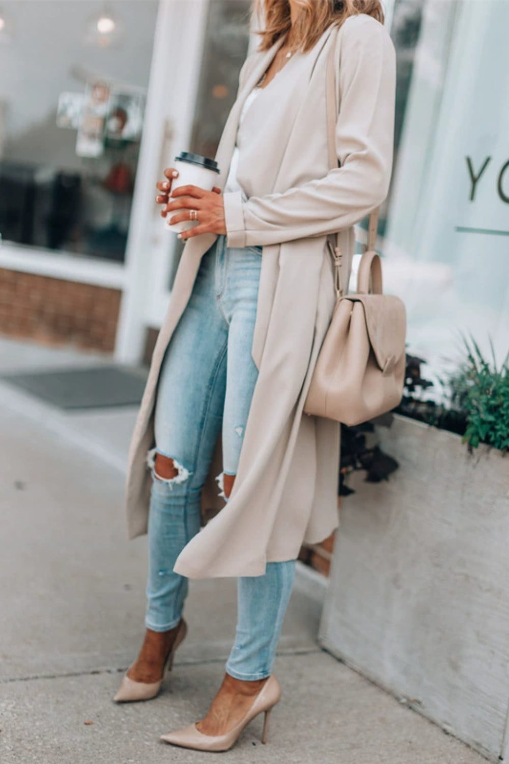 Open Front Long Sleeve Trench Coat - felvior