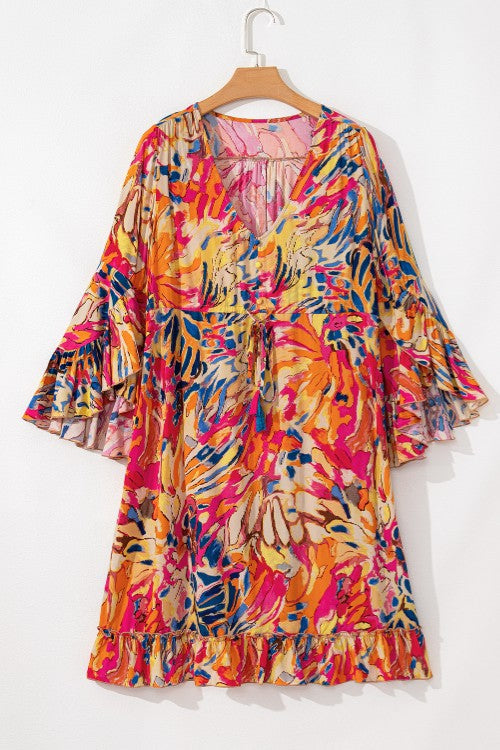 Printed Flare Sleeve Ruffled Hem Dress