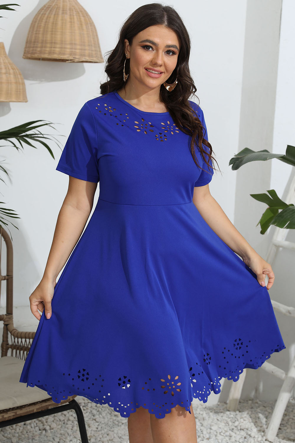 Plus Size Round Neck Openwork Dress - felvior