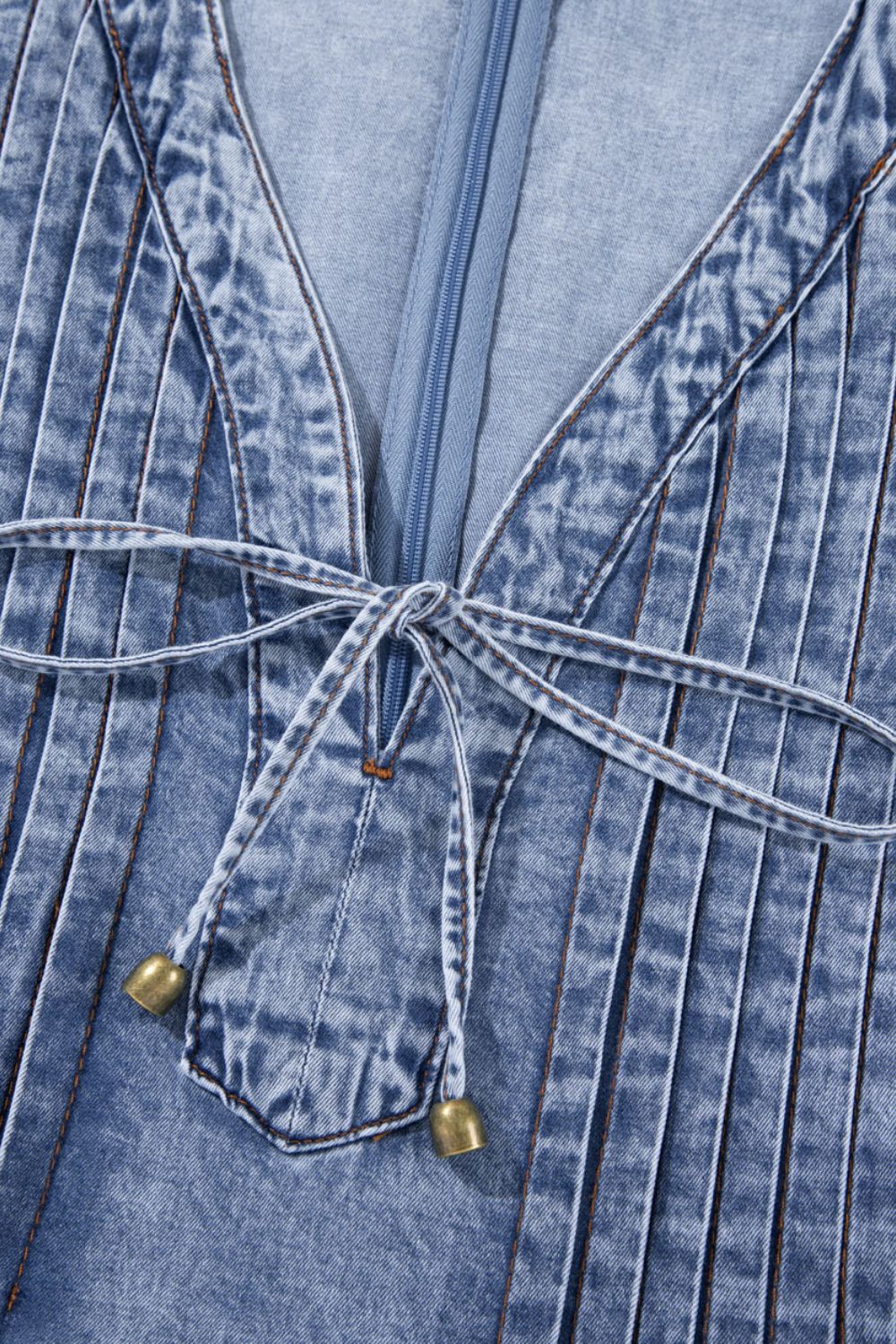 Tie V Neck Tucking Detail Short Sleeve Denim Dress - felvior