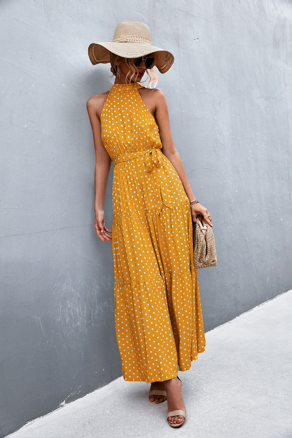 Printed Sleeveless Tie Waist Maxi Dress - felvior