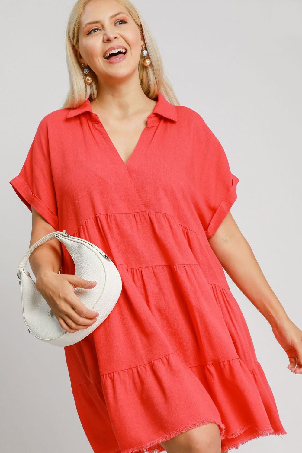 Umgee Full Size Raw Hem Folded Sleeve Tiered Dress Plus Size - felvior