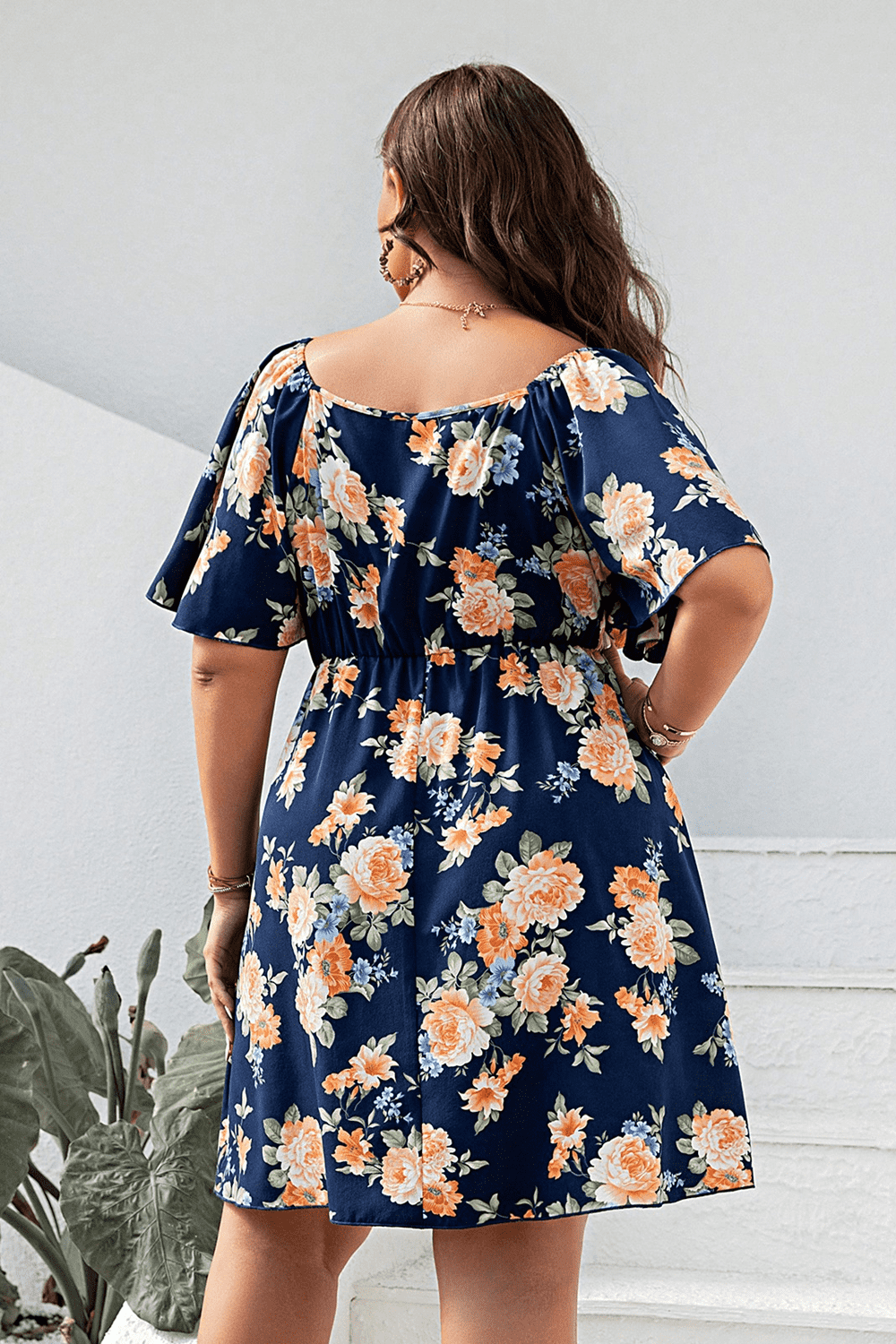 Plus Size Floral Print V-Neck Flutter Sleeve Mini Dress - felvior