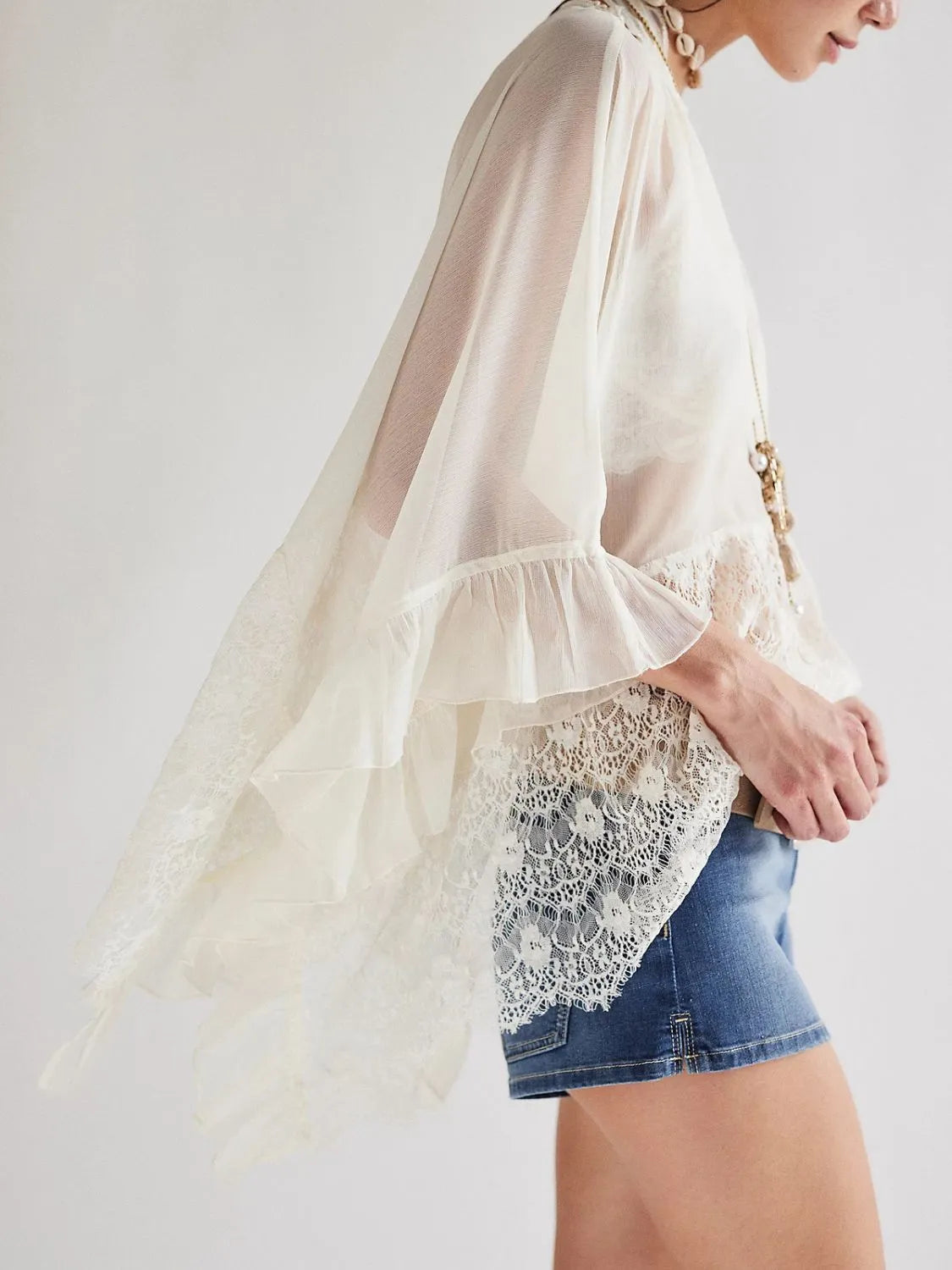 Lace V-Neck Ruffle Long Sleeve Cover-Up Secondary image