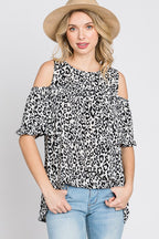 Heimish Full Size Leopard Round Neck Cold Shoulder T-Shirt Plus Size