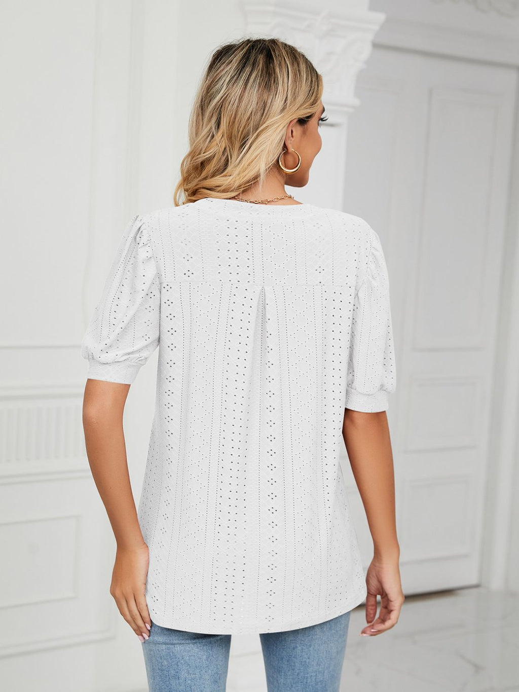 Florira Eyelet Notched Short Sleeve T-Shirt