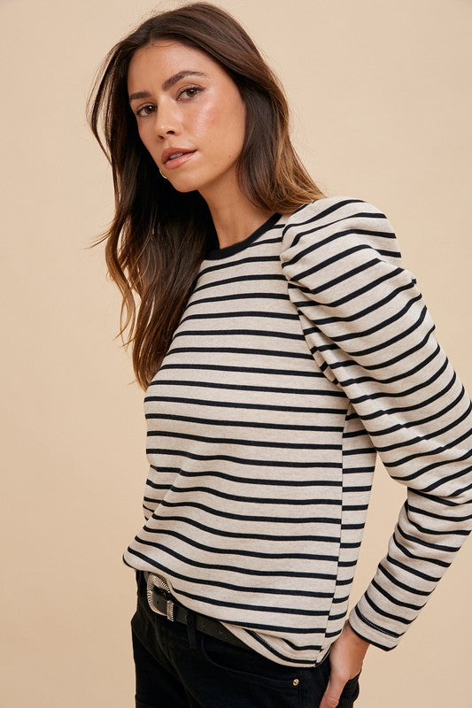 Annie Wear Striped Round Neck Puff Sleeve French Terry Top - felvior
