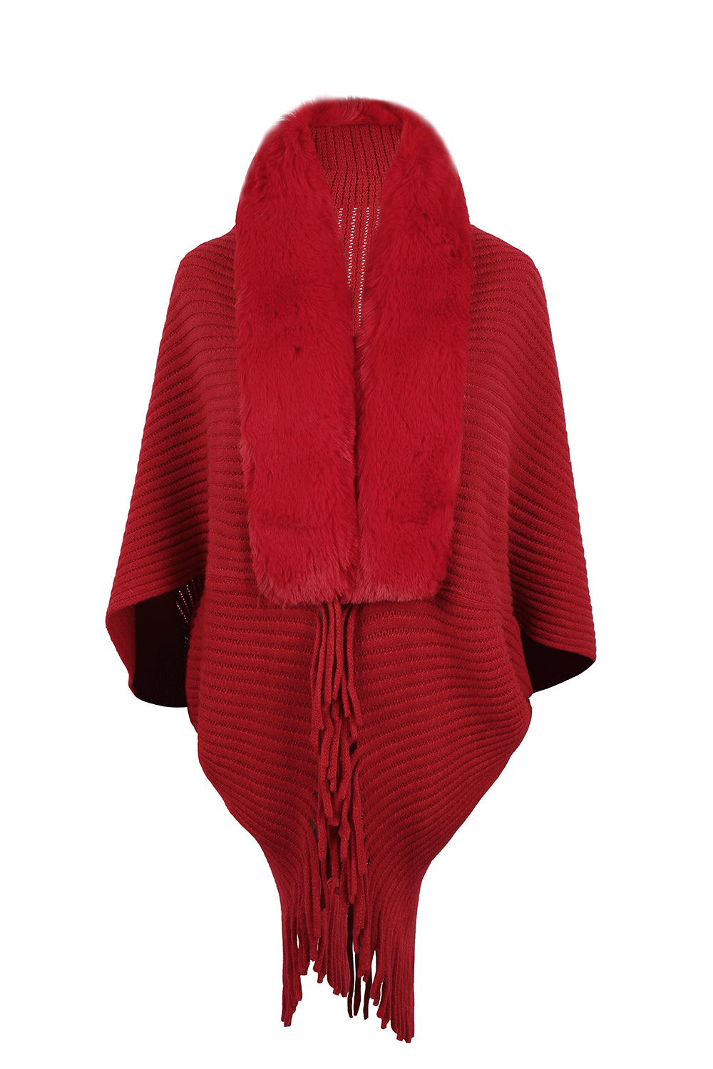 Fringe Detail Long Sleeve Ribbed Poncho - felvior