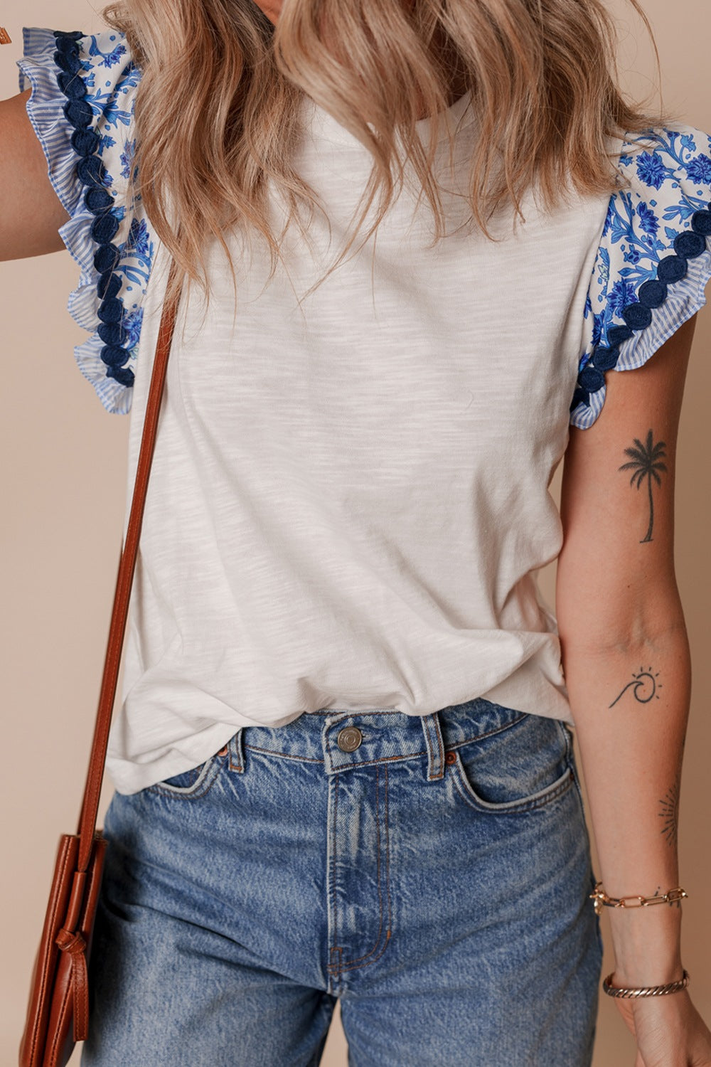 Round Neck Printed Ruffled Cap Sleeve Blouse - felvior