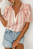 Frilled Short Puff Sleeve Mixed Print Blouse - felvior