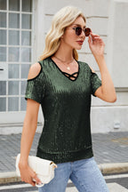 Sequin Cold Shoulder Short Sleeve Blouse