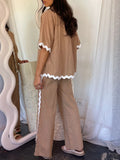 Contrast Trim Half Sleeve Top and Pants Set - felvior