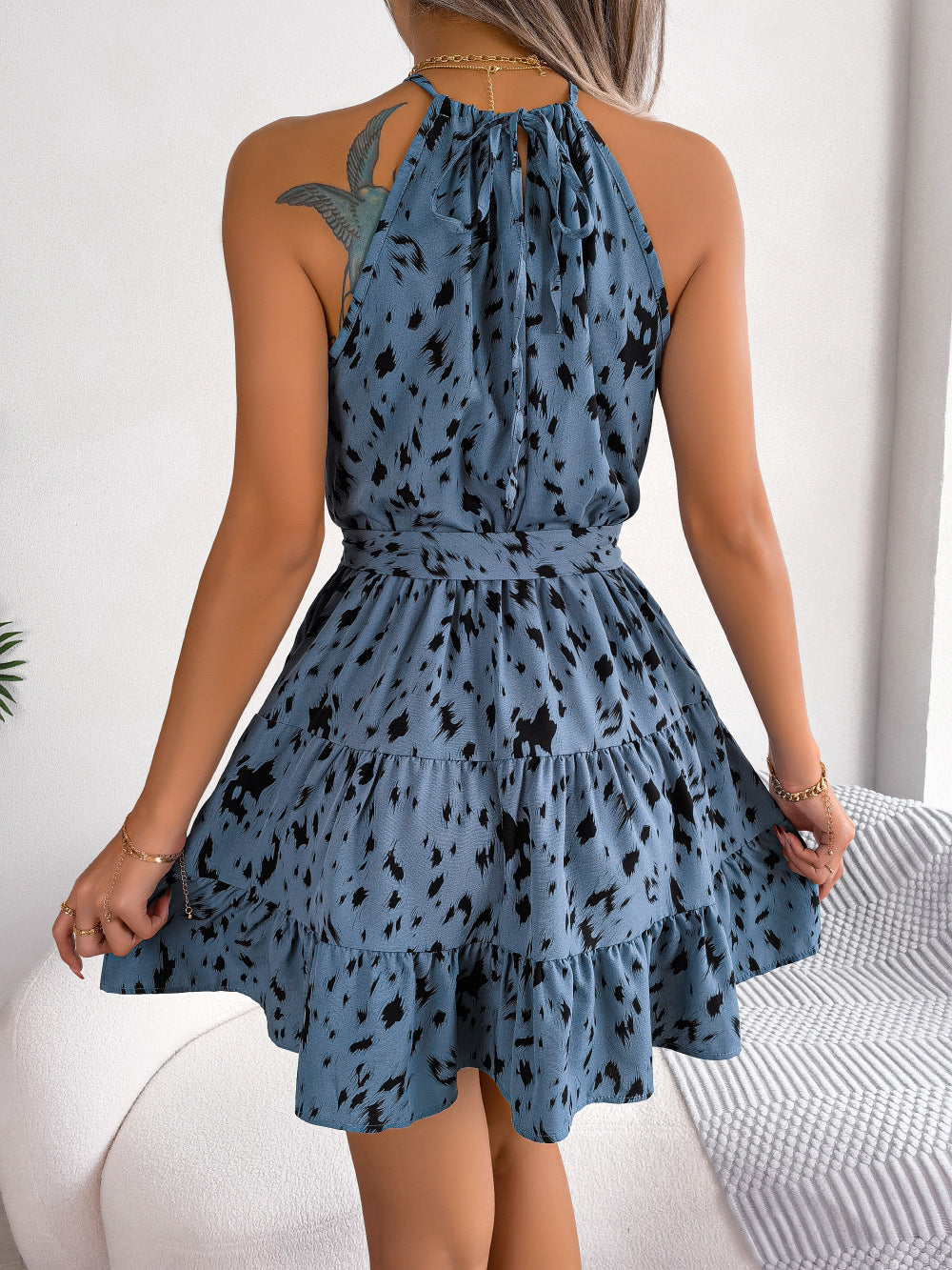 Halter Neck Printed Tie Waist Sleeveless Mini Dress - felvior