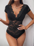 Perfee Lace V-Neck Cap Sleeve Bodysuit - felvior
