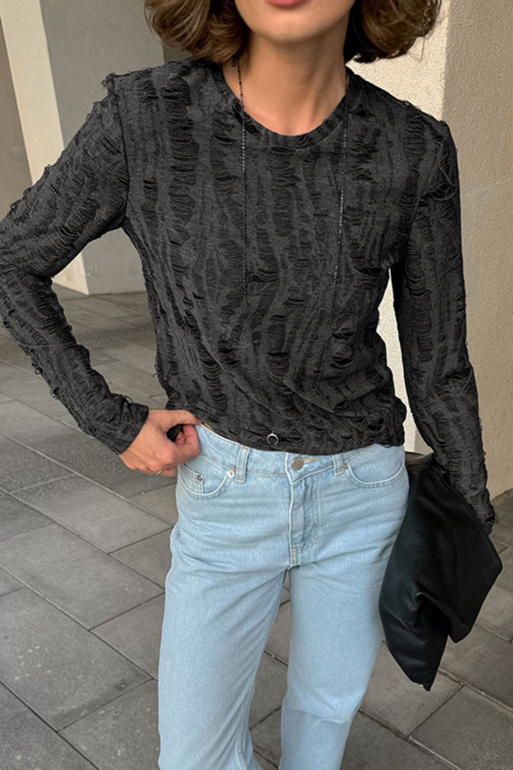 Chemisier à manches longues et col rond effet vieilli Image secondaire du produit