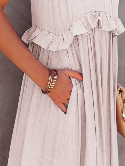 Ruffled Sleeveless Tiered Maxi Dress with Pockets - felvior