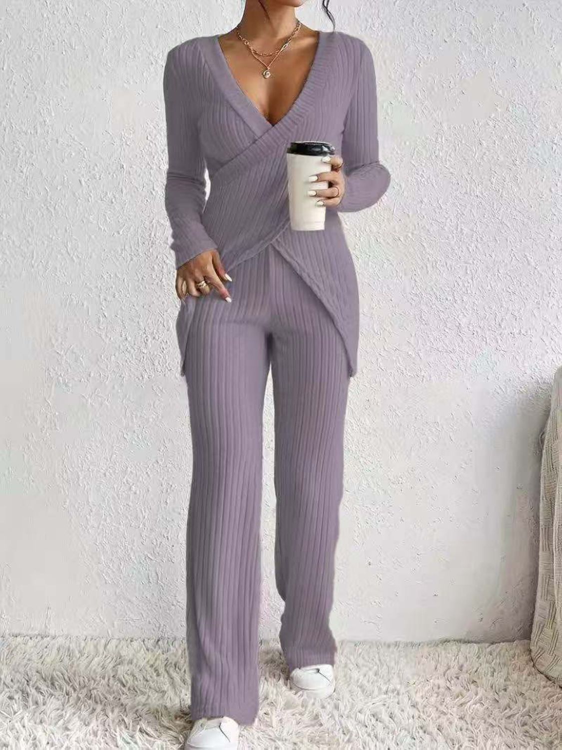 Surplice Long Sleeve Top and Pants Set