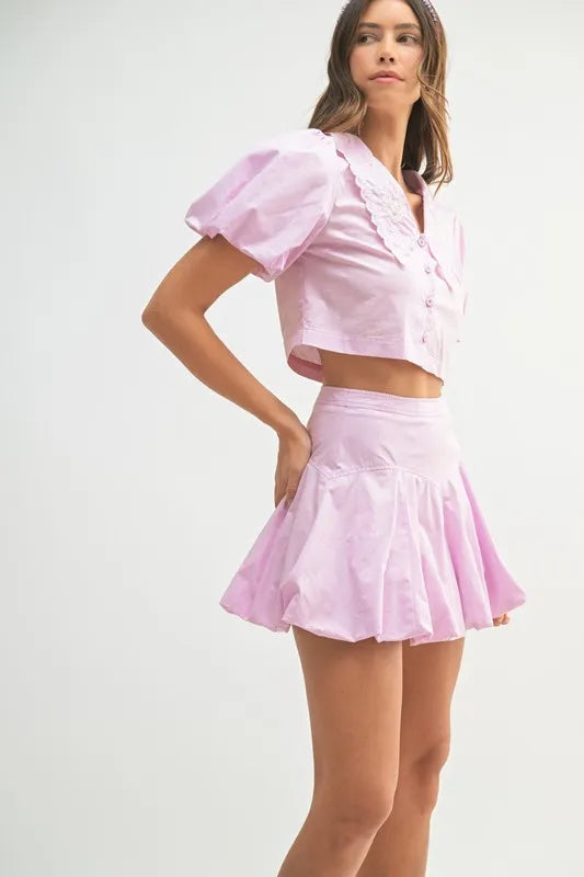 MABLE Puff Sleeve Button Down Top and Bubble Skirt Set
