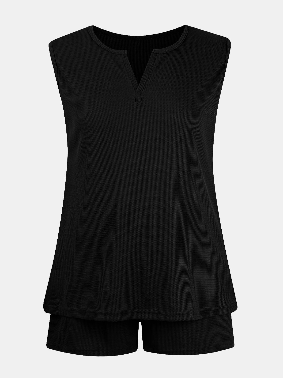 Full Size Waffle-Knit Notched Top and Shorts Set - felvior