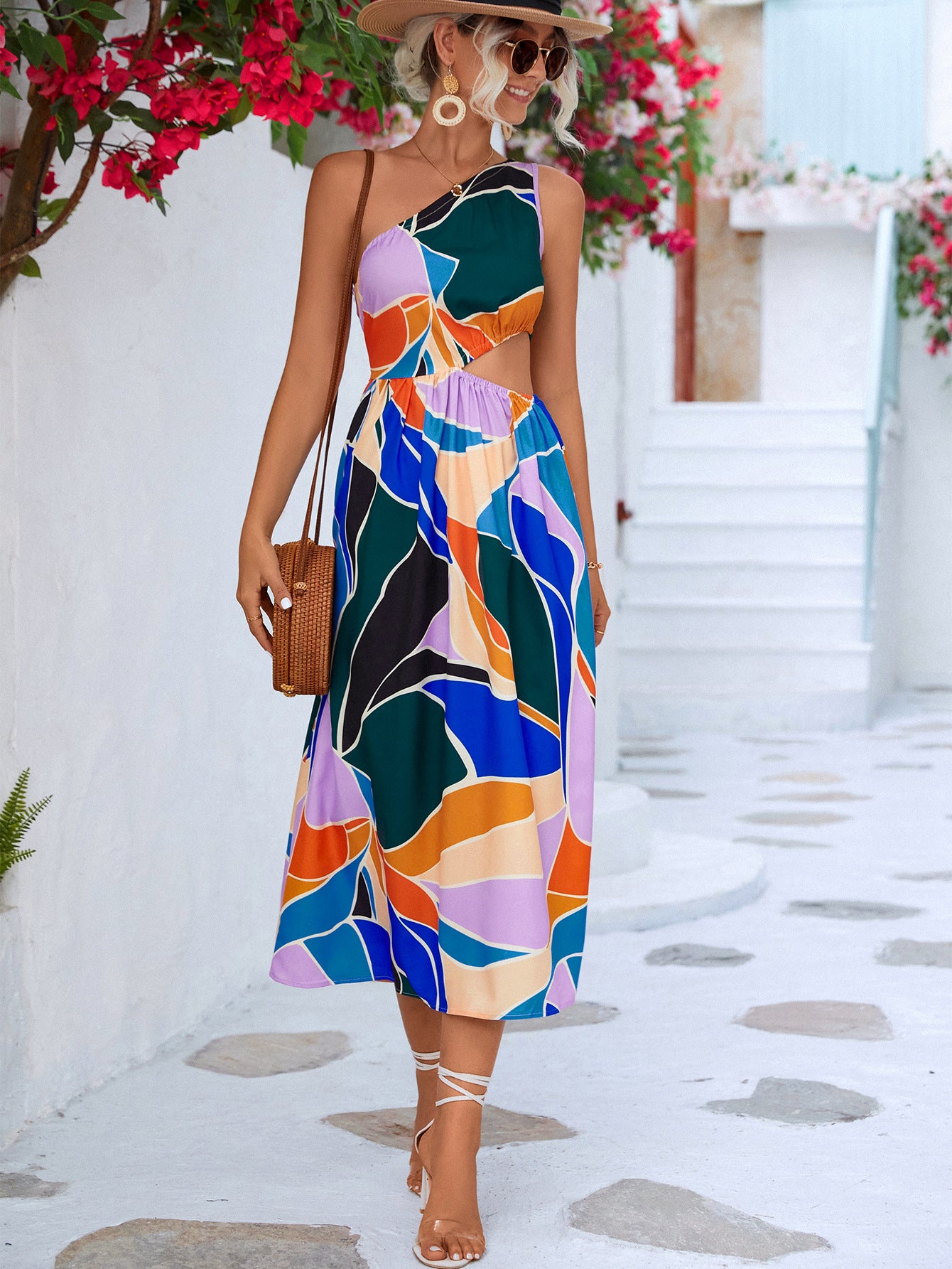 Printed Cutout One-Shoulder Sleeveless Dress - felvior