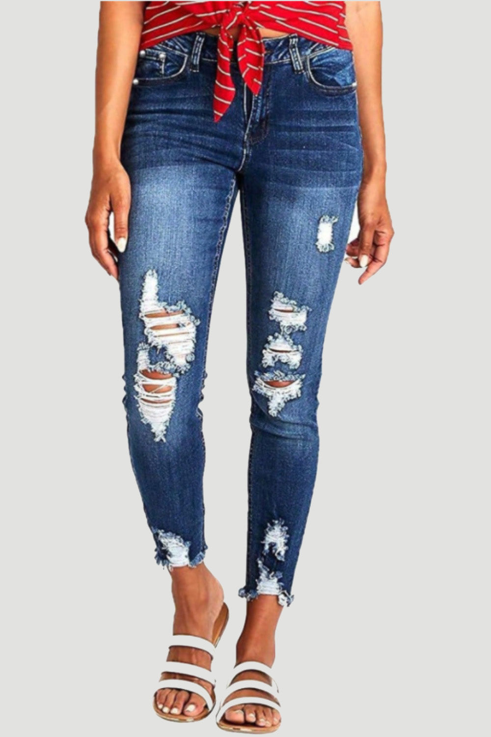 Distressed Raw Hem Jeans with Pockets - felvior
