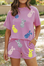Ribbed Sequined Easter Bunny T-Shirt and Shorts Set
