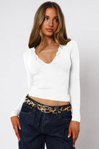 Lace Detail V-Neck Long Sleeve T-Shirt