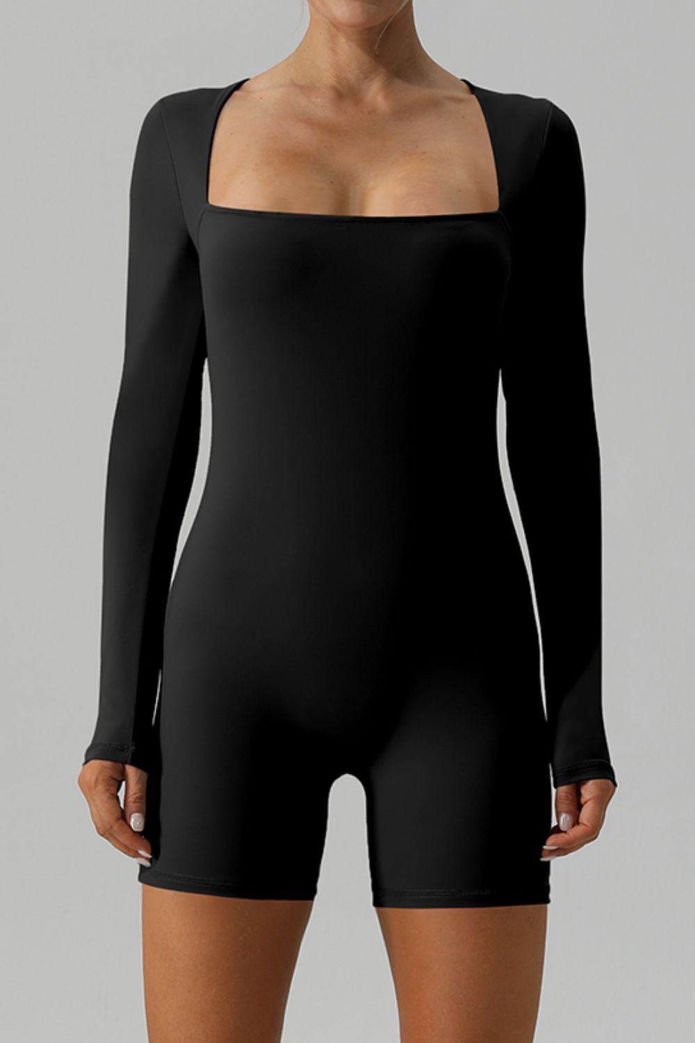 Square Neck Long Sleeve Active Romper - felvior