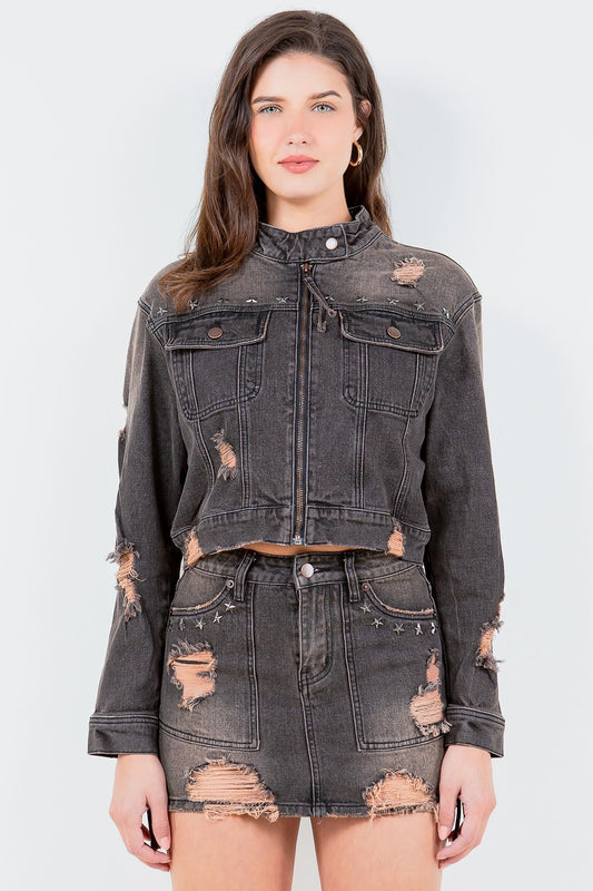American Bazi Full Size Distressed Star Stud Trim Denim Rider Jacket Plus Size - felvior