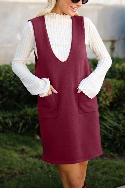 Lovelet Pocketed V-Neck Mini Sweater Overall Dress