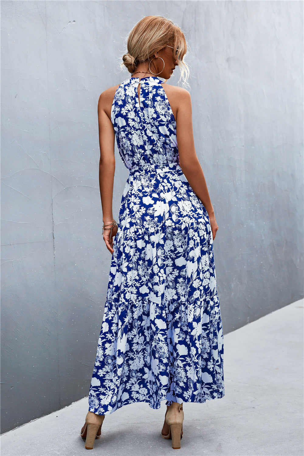 Printed Sleeveless Tie Waist Maxi Dress - felvior
