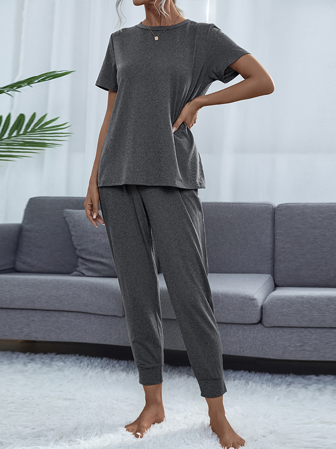 Shiny Round Neck Short Sleeve Top and Pants Set - felvior