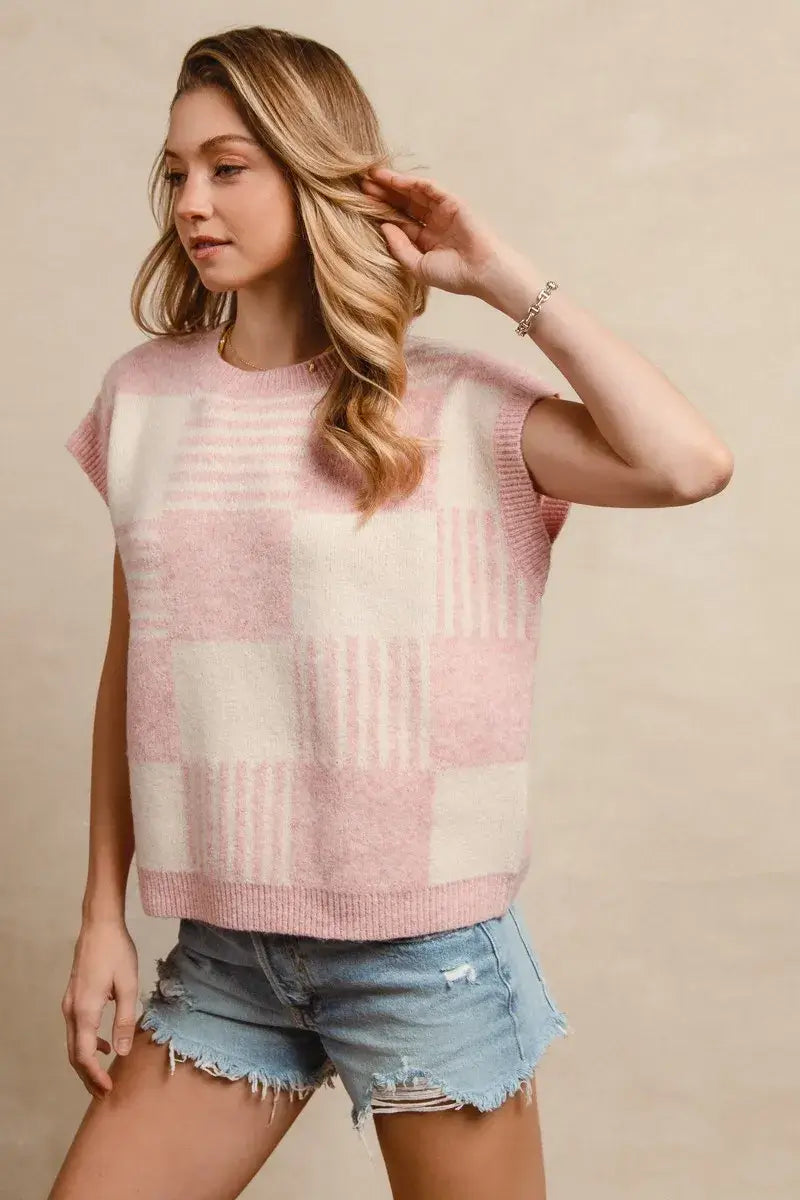 BiBi Checker With Stripes Pattern Sleeveless Sweater